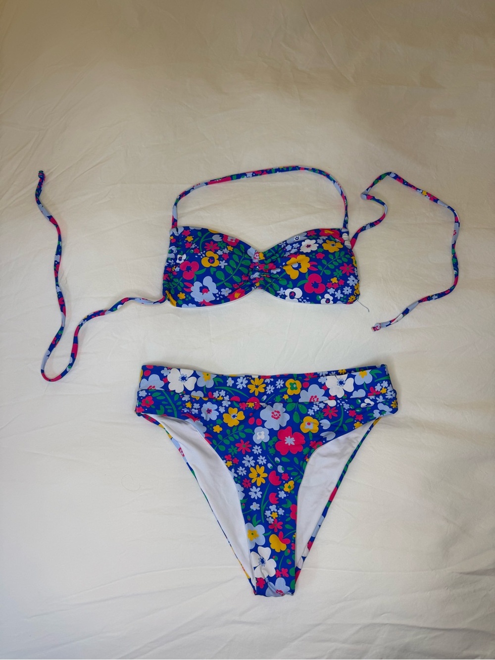 Bright Swimwear Blue Floral Bikini Set Halter Underwire Top + Bottoms Size S